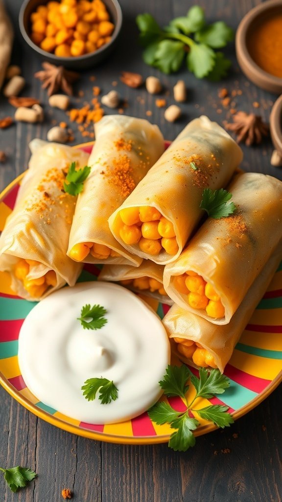 Curried chickpea spring rolls on a colorful plate with yogurt dip and garnishes.