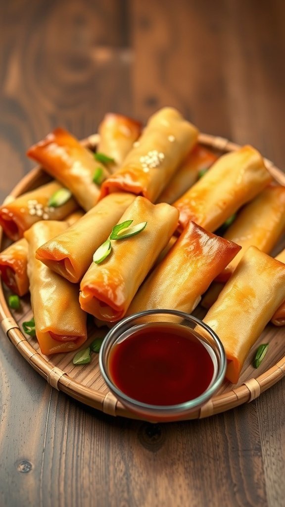 A platter of crispy chicken spring rolls served with hoisin sauce and garnished with green onions.