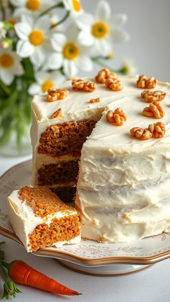 A classic carrot cake with cream cheese frosting, topped with walnuts, and a slice taken out, with daisies in the background.