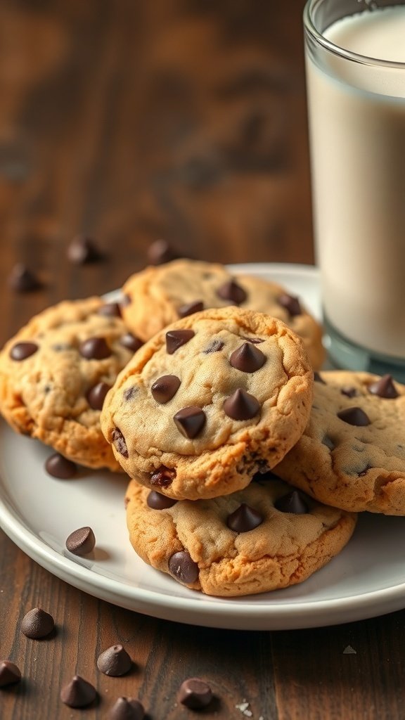 A plate of chewy chocolate chip cookies with chocolate chips scattered around and a glass of milk.