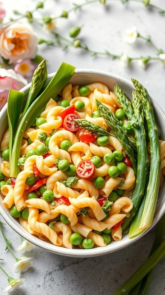 A colorful bowl of spring vegetable pasta salad with peas and asparagus, garnished with fresh herbs.