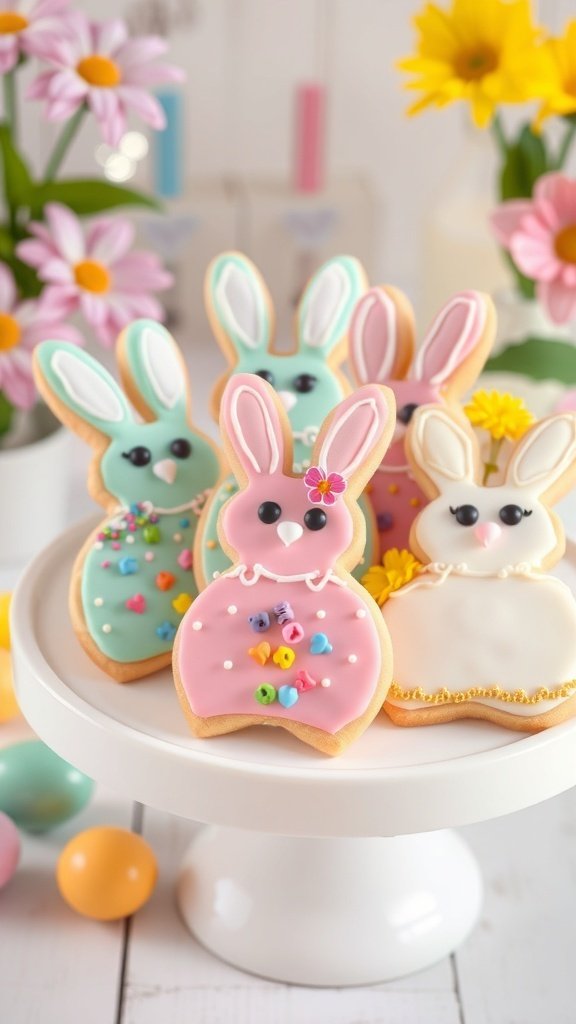 A plate of colorful bunny-shaped cookies decorated for Easter.
