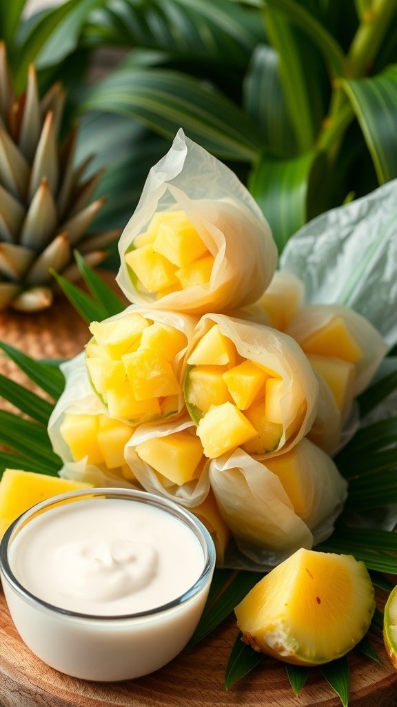 Pineapple spring rolls with a creamy dip