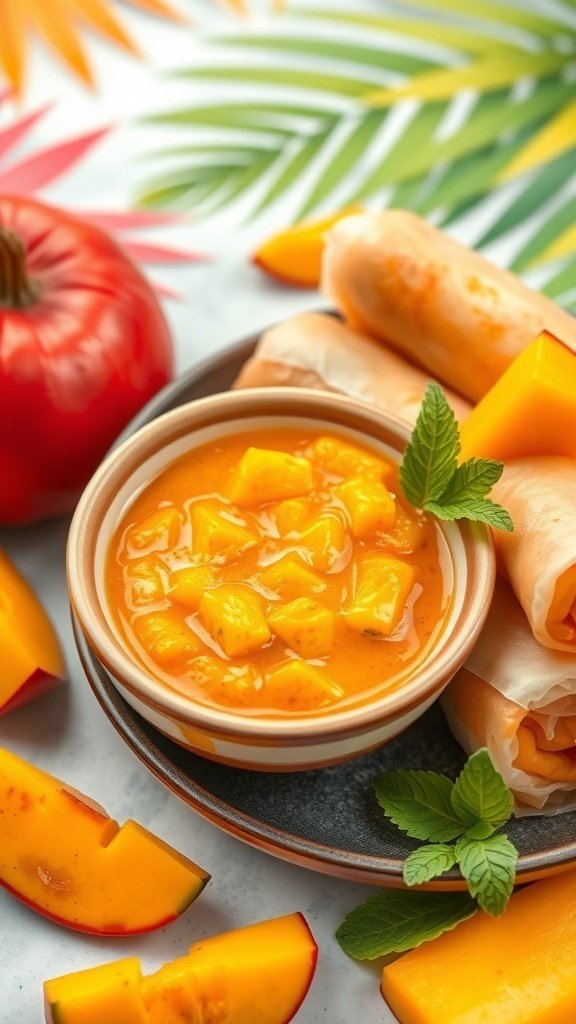A bowl of mango chutney with spring rolls and fresh mango slices