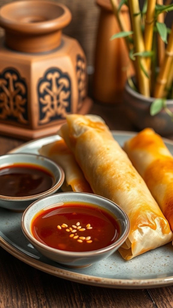 Spring rolls with hoisin sauce on a plate