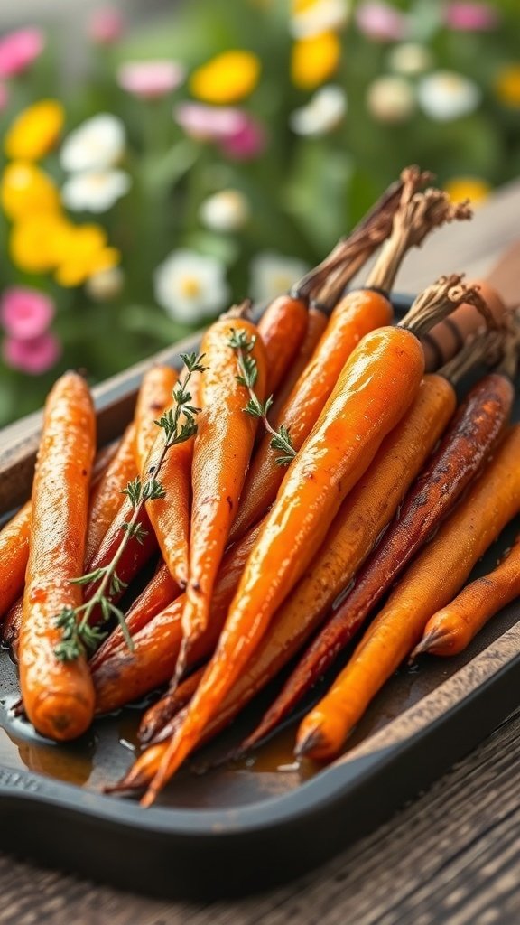 A plate of sweet and tangy roasted carrots with fresh herbs, set against a colorful floral background.