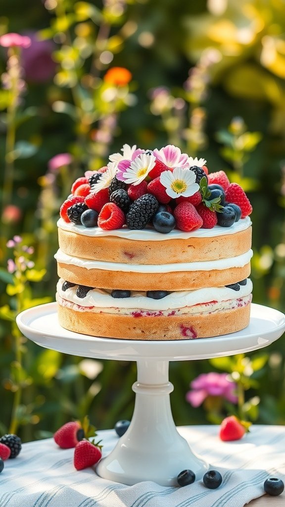 A classic vanilla bean cake topped with fresh berries, displayed on a white cake stand in a garden setting.