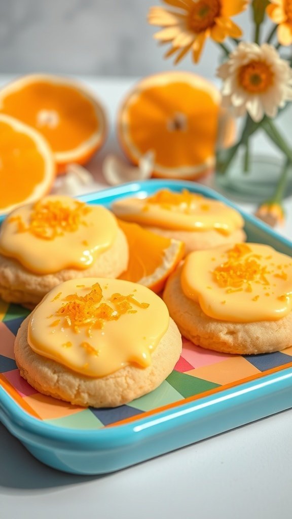 A plate of zesty orange creamsicle cookies topped with orange glaze and zest, surrounded by fresh oranges and flowers.