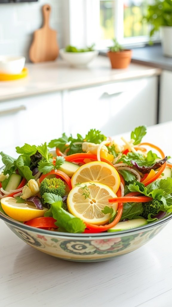A colorful bowl of garden fresh spring roll salad with lemon slices on top