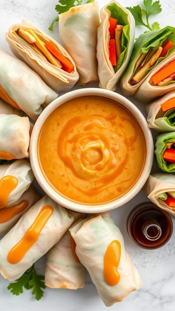 A bowl of creamy maple peanut sauce surrounded by fresh spring rolls filled with vegetables.