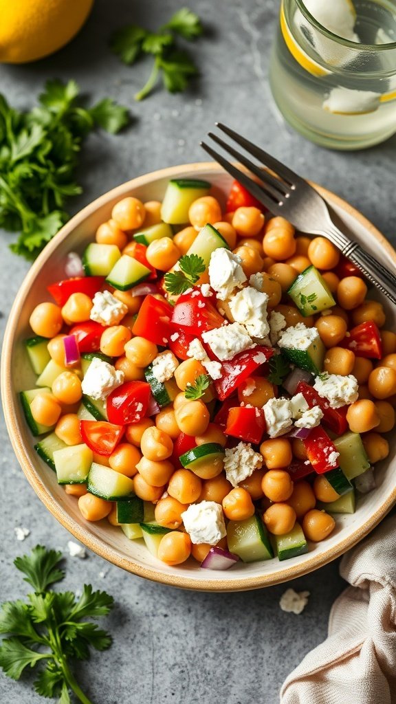 A colorful bowl of hearty chickpea salad with feta, featuring chickpeas, diced cucumbers, cherry tomatoes, and fresh herbs.