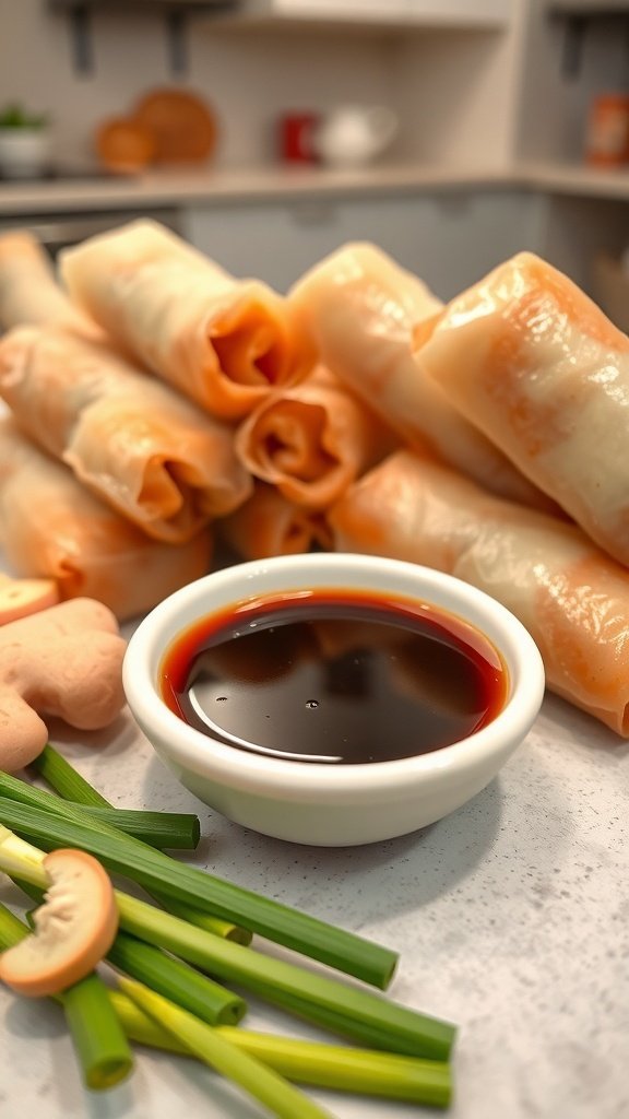 A bowl of soy-ginger dipping sauce with spring rolls and green onions