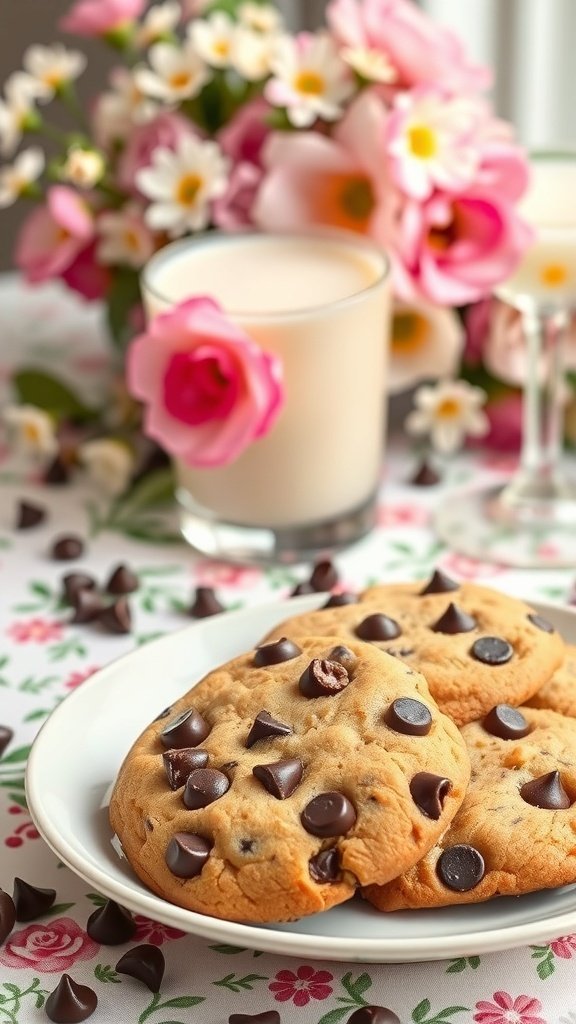 Plate of chocolate chip cookies with flowers and milk