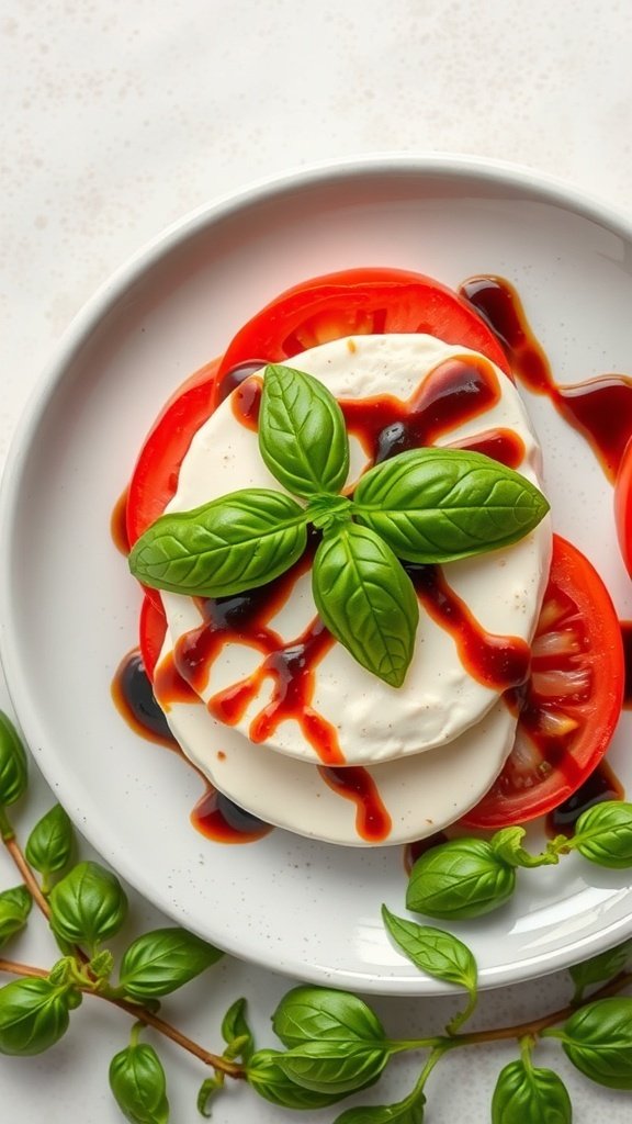 A classic Caprese salad with fresh mozzarella, tomatoes, basil, and balsamic glaze.