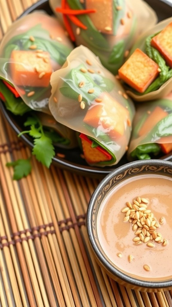 A plate of fresh spring rolls with a bowl of peanut sauce garnished with sesame seeds.
