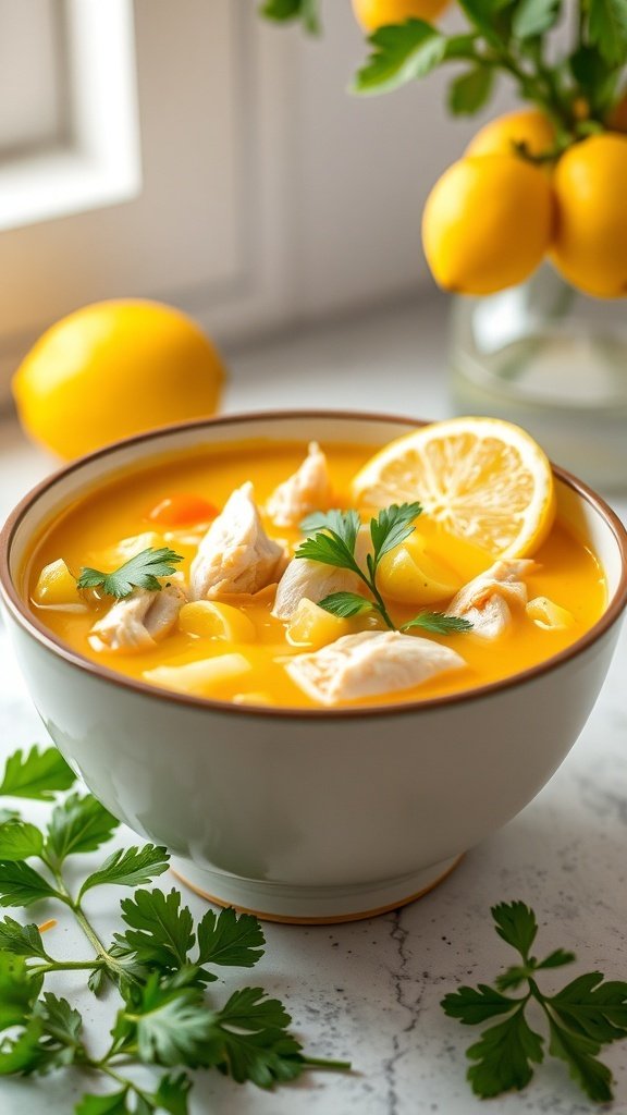 A bowl of zesty lemon and chicken soup garnished with parsley, with lemons in the background.