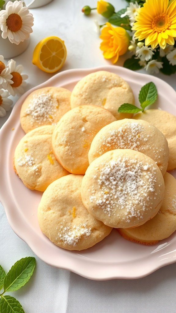 A plate of lemon sugar cookies dusted with powdered sugar, surrounded by flowers and a lemon slice.