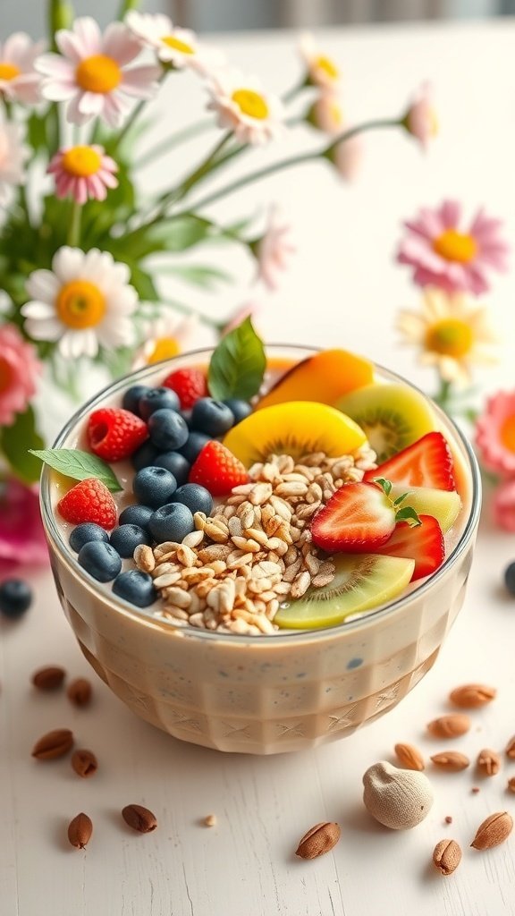 A colorful smoothie bowl topped with fruits and oats, surrounded by flowers.