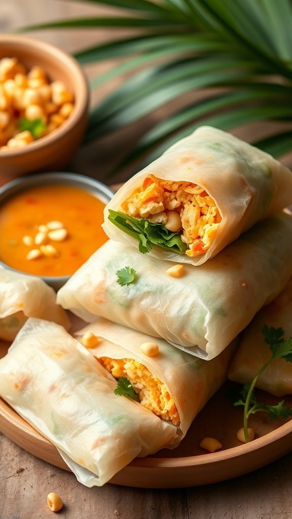 Coconut curry chicken spring rolls served with dipping sauce and garnished with herbs.