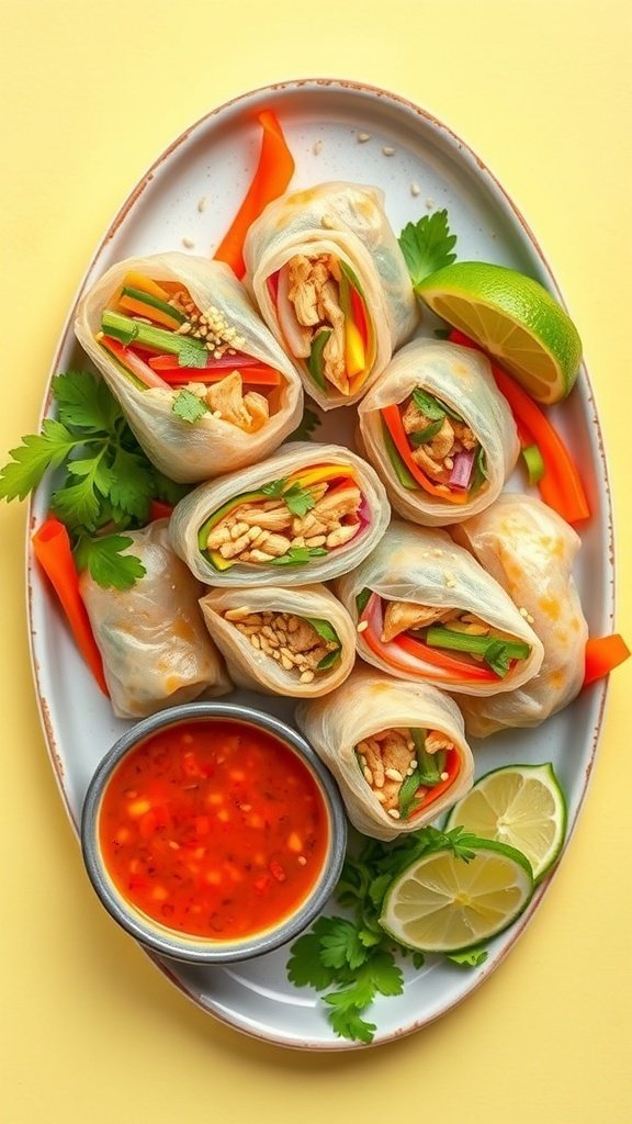 A plate of spicy Thai chicken spring rolls with sweet chili sauce, garnished with lime and cilantro.