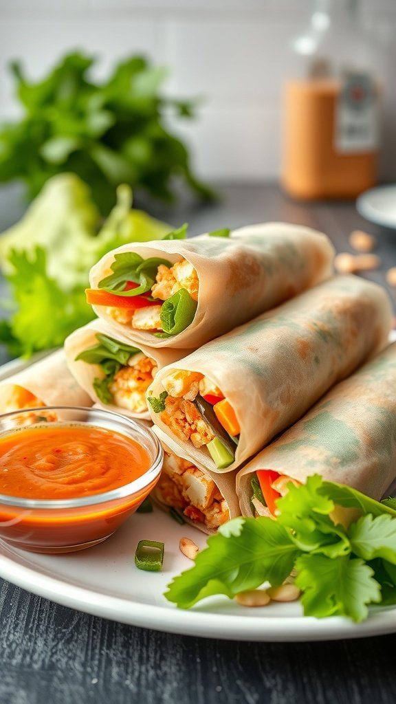Delicious tofu and peanut spring rolls with fresh vegetables and dipping sauce