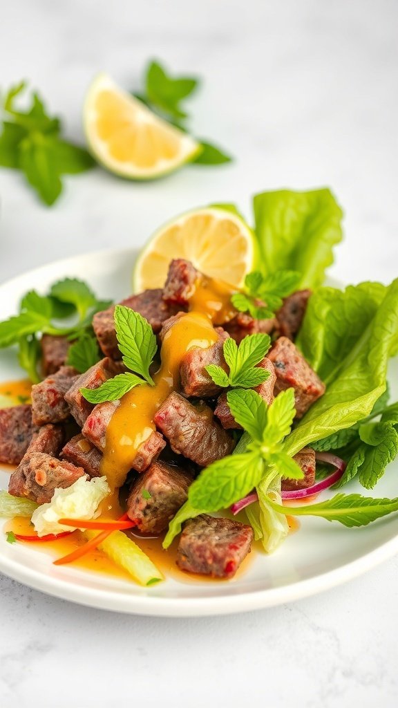 A vibrant plate of Zesty Thai Beef Spring Roll Salad with fresh herbs and lime.