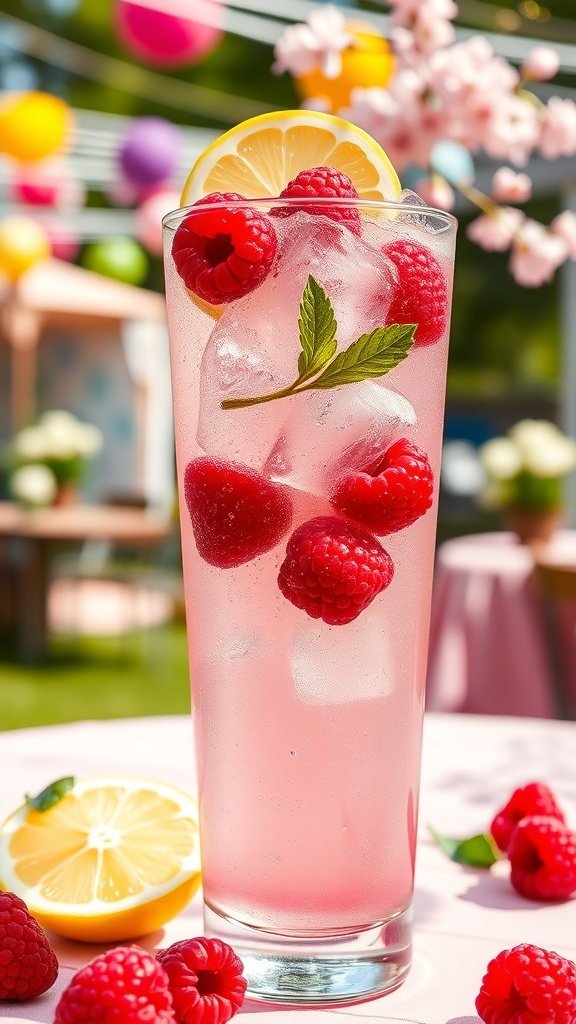 A refreshing glass of sparkling raspberry lemonade garnished with raspberries and lemon, perfect for spring celebrations.