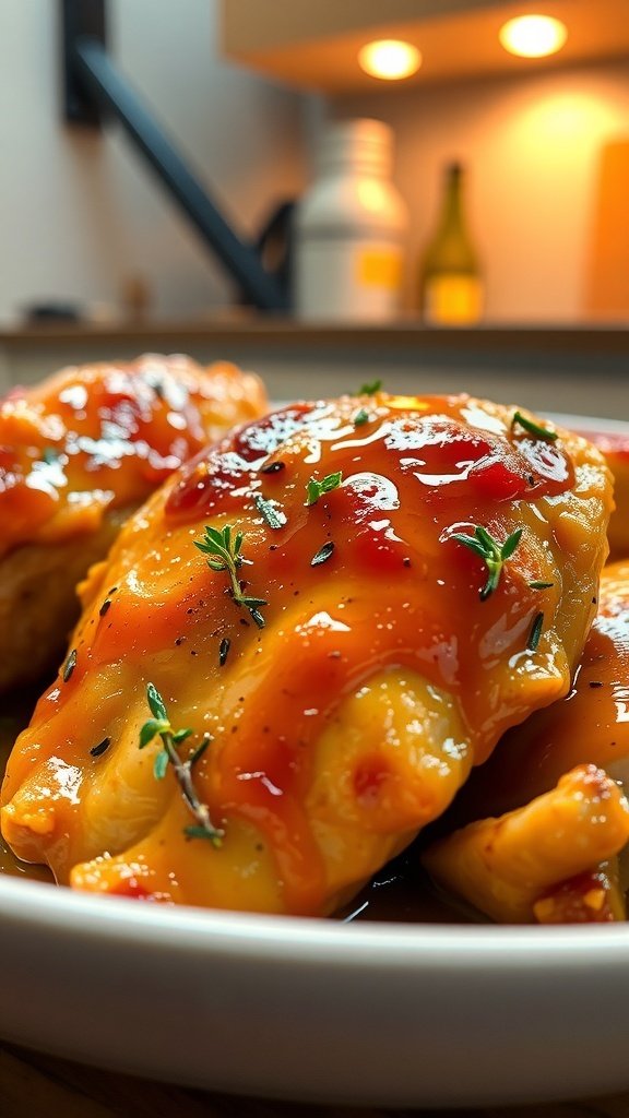 Honey mustard glazed chicken thighs garnished with herbs