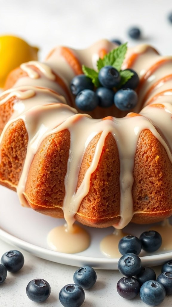 A Lemon Blueberry Bundt Cake topped with blueberries and a mint leaf, drizzled with glaze.