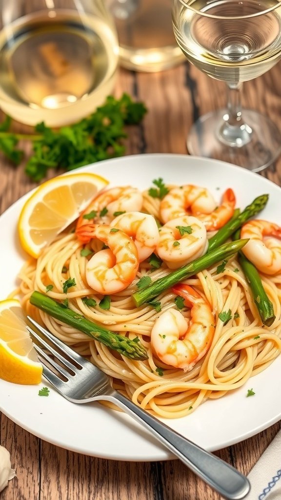 A plate of garlic shrimp and asparagus linguine with lemon slices and a fork