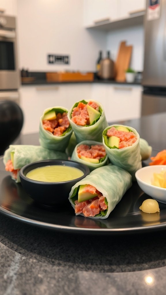 Spicy tuna spring rolls with wasabi dip on a black plate