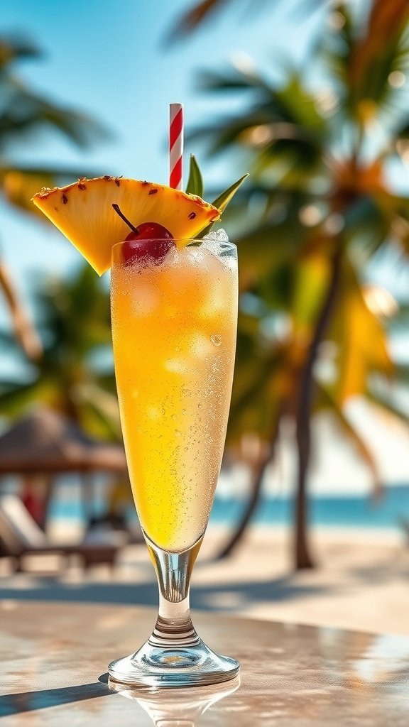 A refreshing Tropical Pineapple Fizz drink with a slice of pineapple and cherry, set against a beach backdrop.