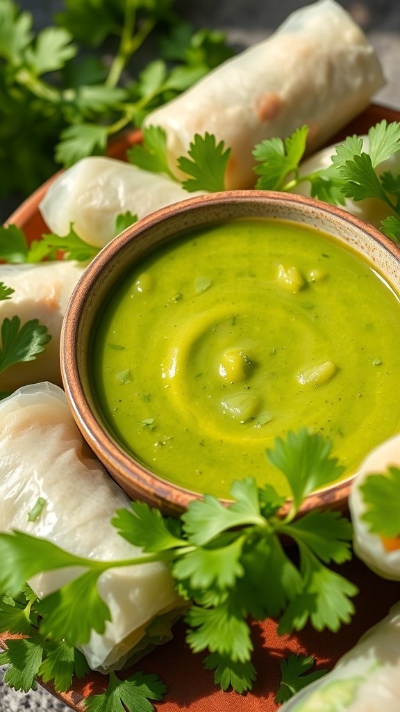 Cilantro lime dipping sauce in a bowl surrounded by fresh spring rolls and cilantro leaves.