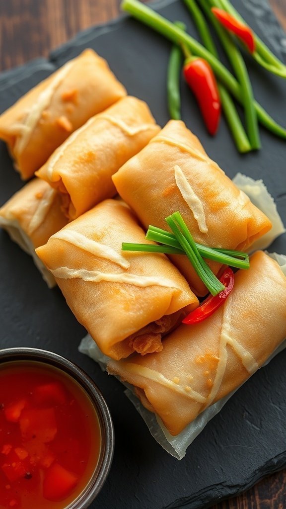 Crispy pork and cabbage spring rolls served with sweet chili sauce and garnished with green onions and red chili.