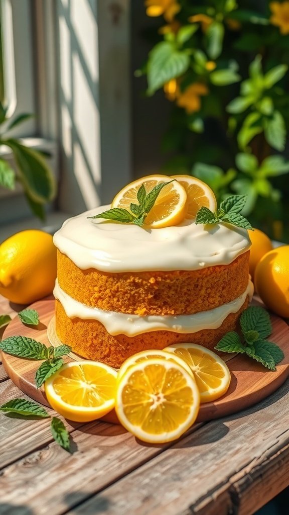 A vibrant lemon cake decorated with lemon slices and mint leaves, set against a sunny backdrop.