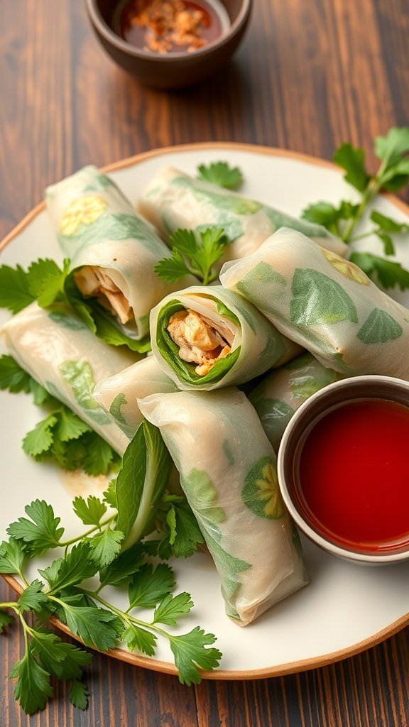 Vietnamese chicken spring rolls with herbs and dipping sauce