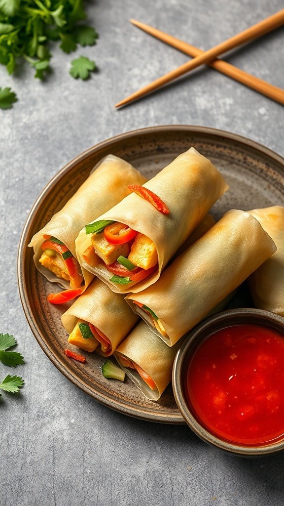 Spicy tofu spring rolls served with sweet chili sauce
