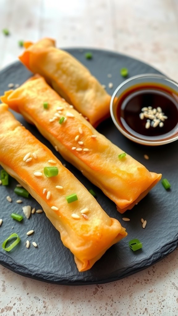 Baked shrimp spring rolls served on a black plate with garlic soy sauce