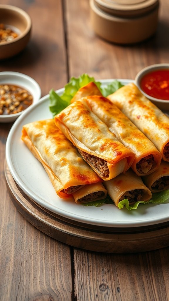 Plate of hearty beef and cheese spring rolls with a side of dipping sauce.