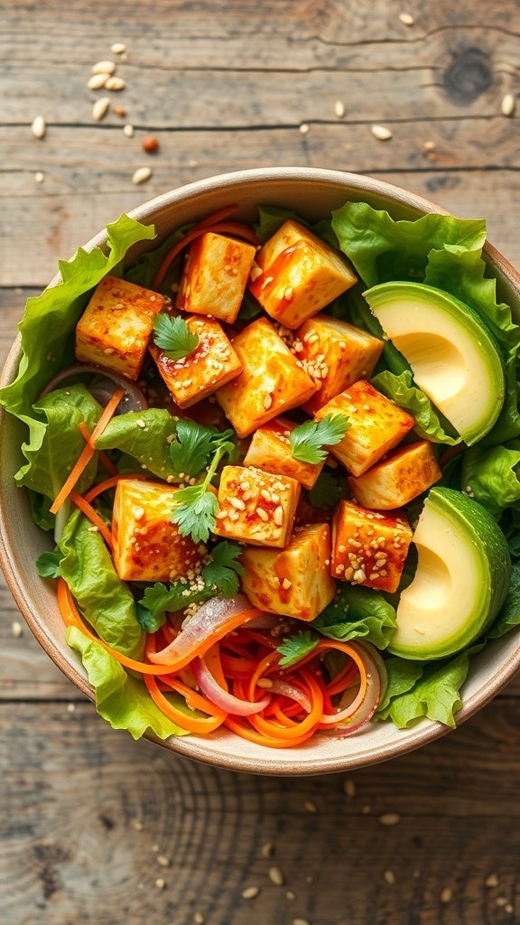 A bowl of crispy tofu spring roll salad with fresh greens, spiralized carrots, avocado slices, and sesame dressing.