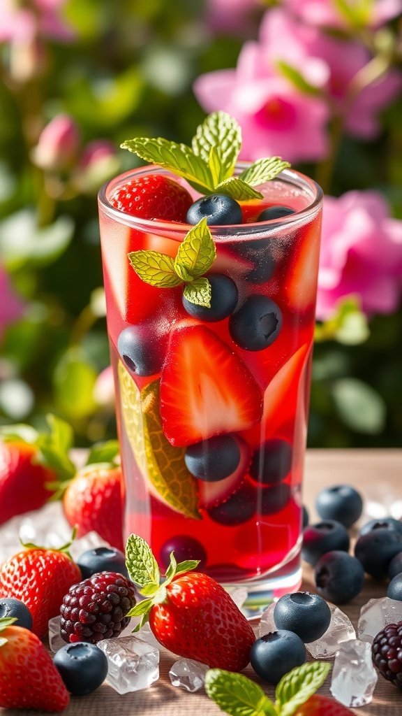 A refreshing glass of berry infusion with strawberries, blueberries, and mint, surrounded by fresh berries and ice.