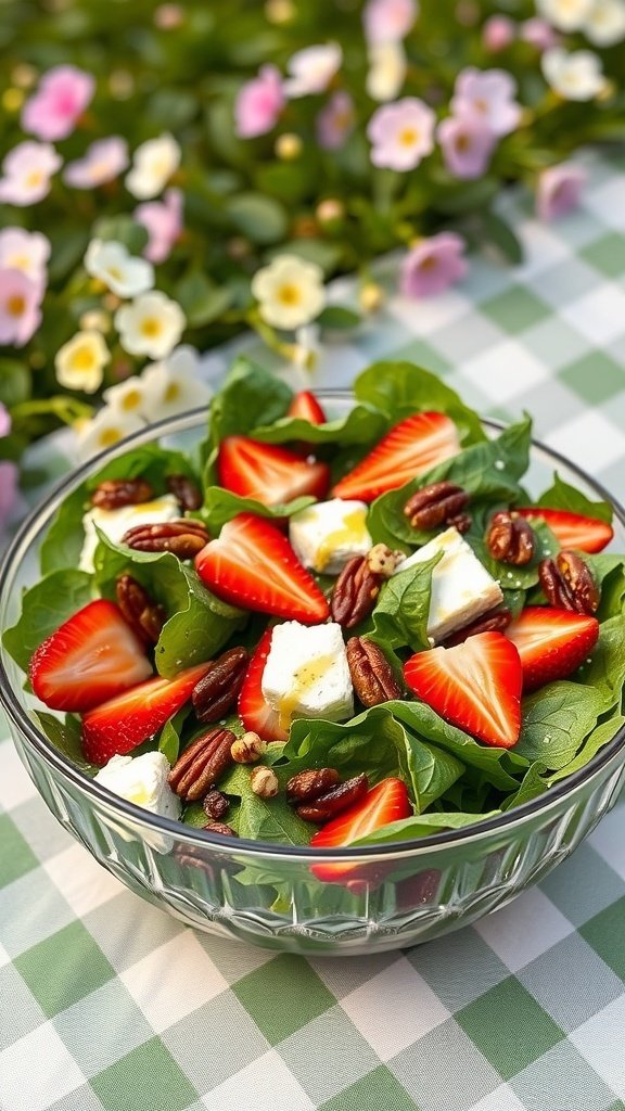 A fresh spinach salad with strawberries, goat cheese, and pecans in a glass bowl, with flowers in the background.