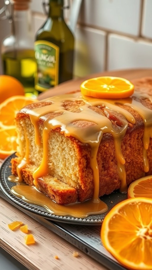 A zesty orange olive oil cake with citrus glaze, garnished with fresh orange slices.