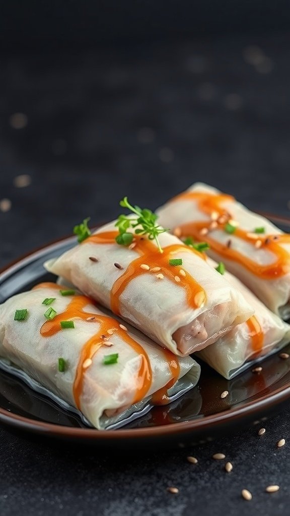 Herbed chicken spring rolls drizzled with garlic soy sauce, garnished with sesame seeds and green onions.