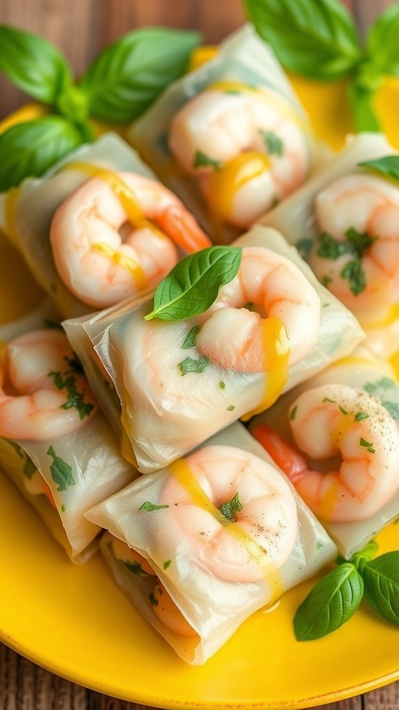 Fusion shrimp spring rolls with pesto and basil on a yellow plate