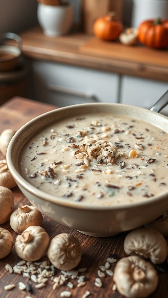 A bowl of creamy mushroom and wild rice soup with mushrooms and grains around it.