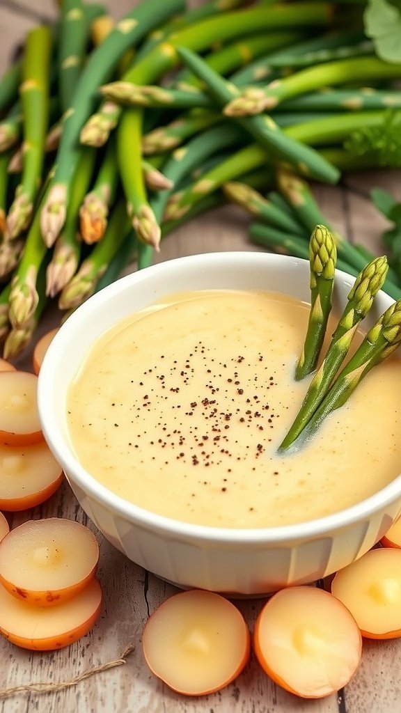 A bowl of creamy asparagus and potato soup garnished with asparagus tips, surrounded by fresh asparagus stalks and sliced vegetables.