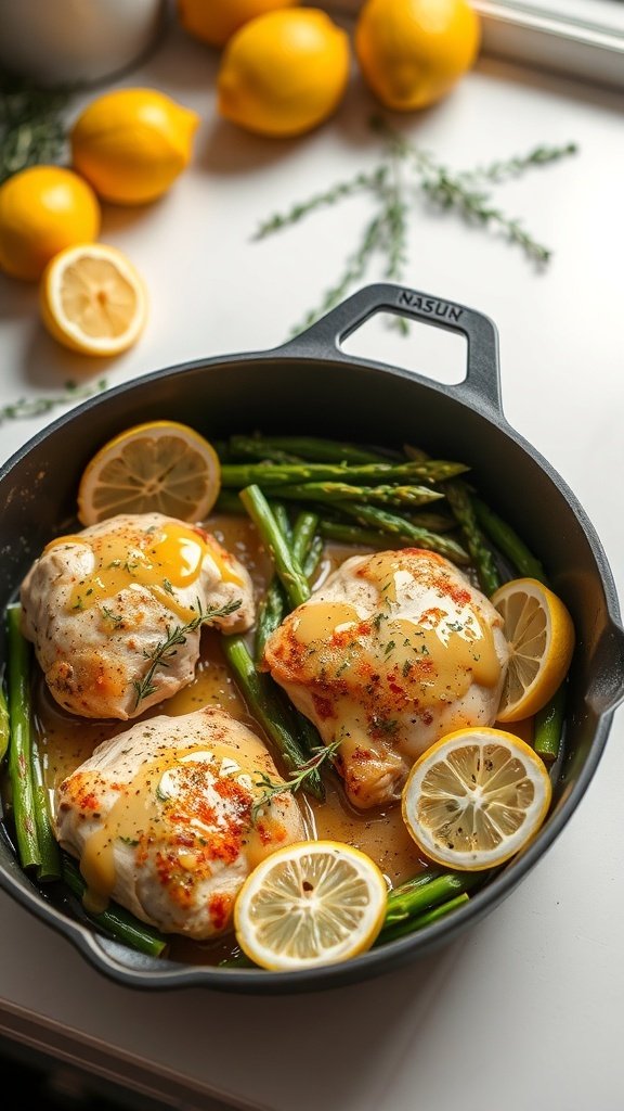 A hearty chicken and asparagus bake with lemon slices and fresh herbs.