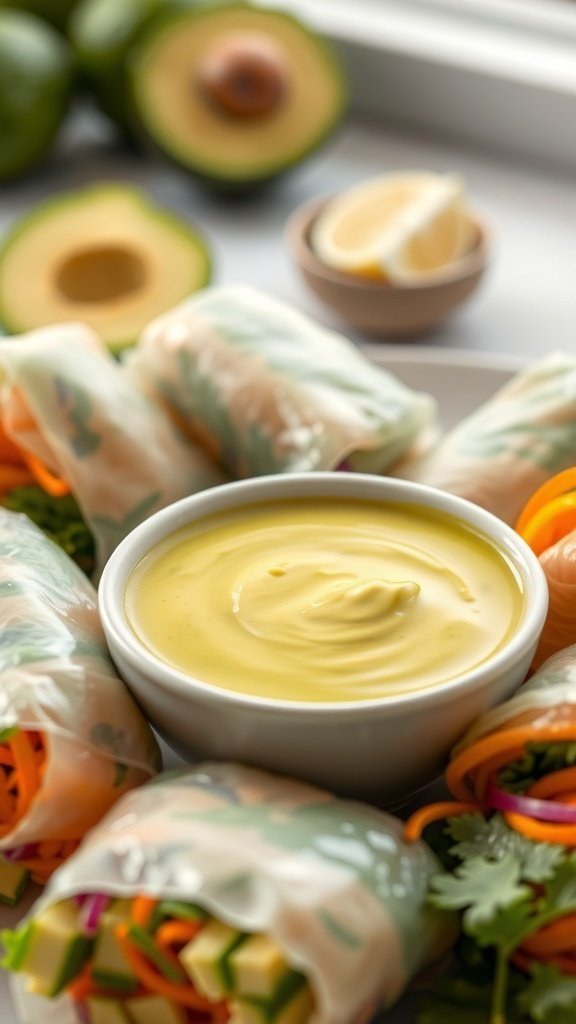 A bowl of creamy avocado lime dipping sauce surrounded by fresh spring rolls and avocados.