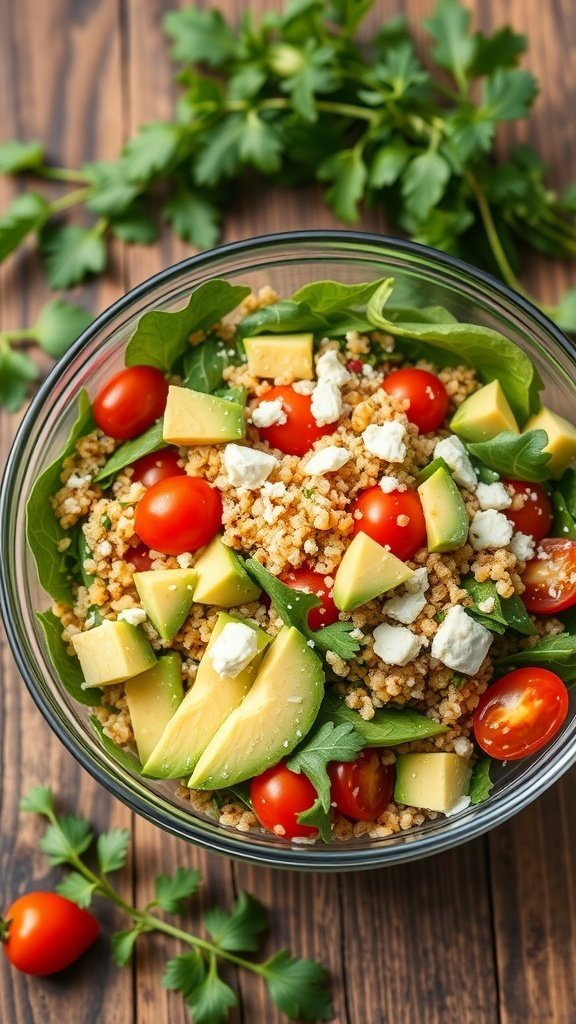 A colorful quinoa and spring mix salad with avocado, cherry tomatoes, and feta cheese in a glass bowl.